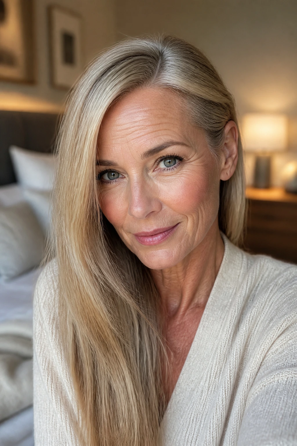 Close-up portrait of a real woman with a deep side part and ear tuck in straight hair, warm bedroom light