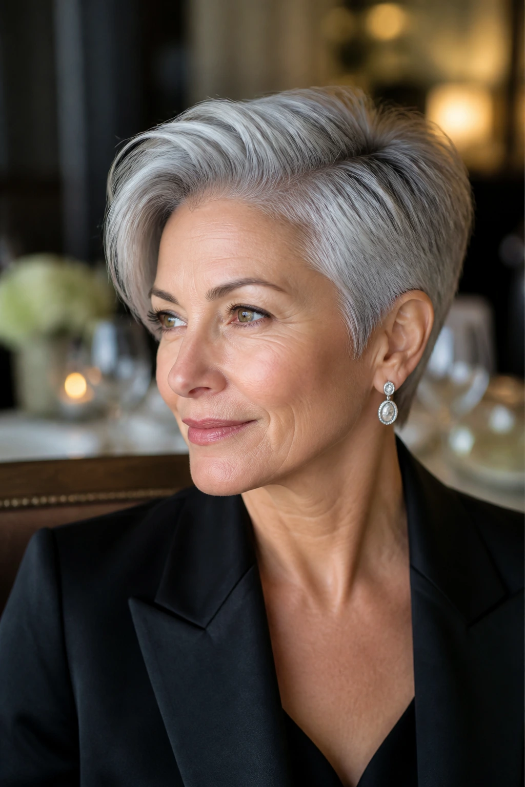 Portrait of a real woman with a deep side part in an elegant crop.