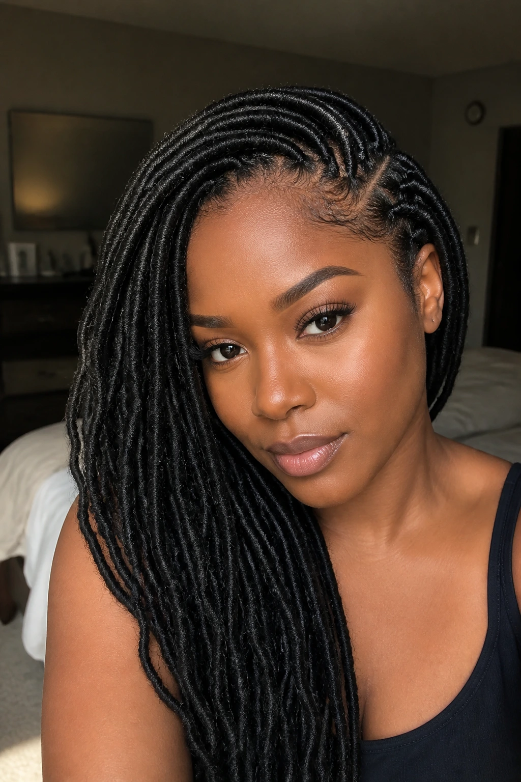 Close-up portrait of a real woman with a deep side-part faux locs, warm window light in a cozy room.
