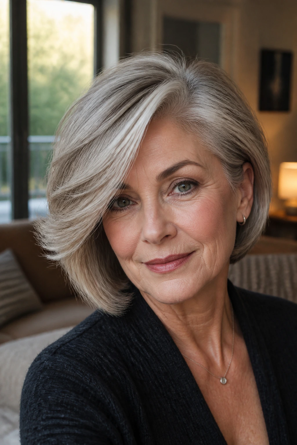 Close-up portrait of a woman with a deep side-part feathered bob under soft natural light