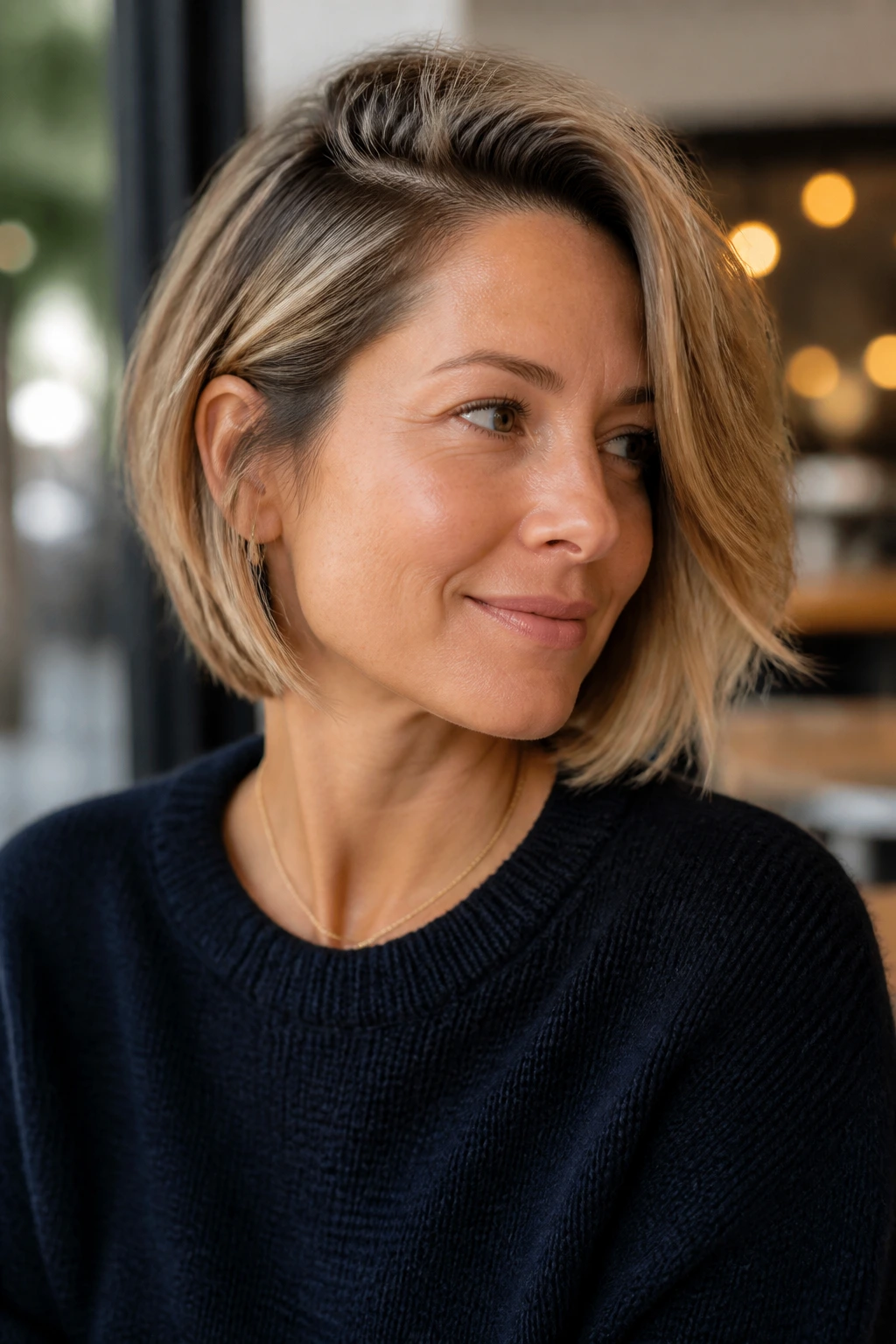Real person with deep side part feathered bob showing swing of ends