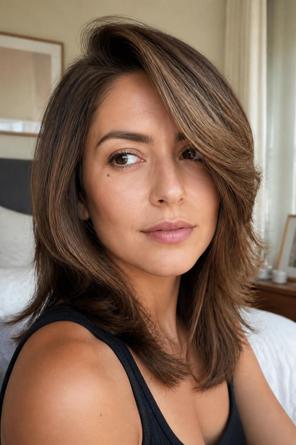 Close-up of a real woman with a deep side part and feathered hair in warm window light