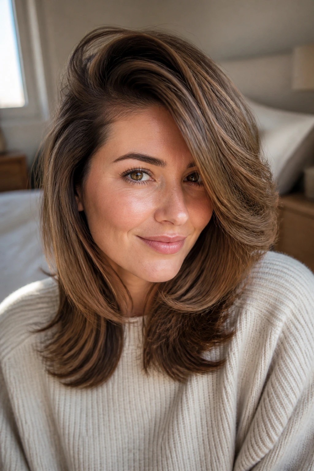 Close-up portrait of a real woman with a deep side part and crown-lift feathered hair