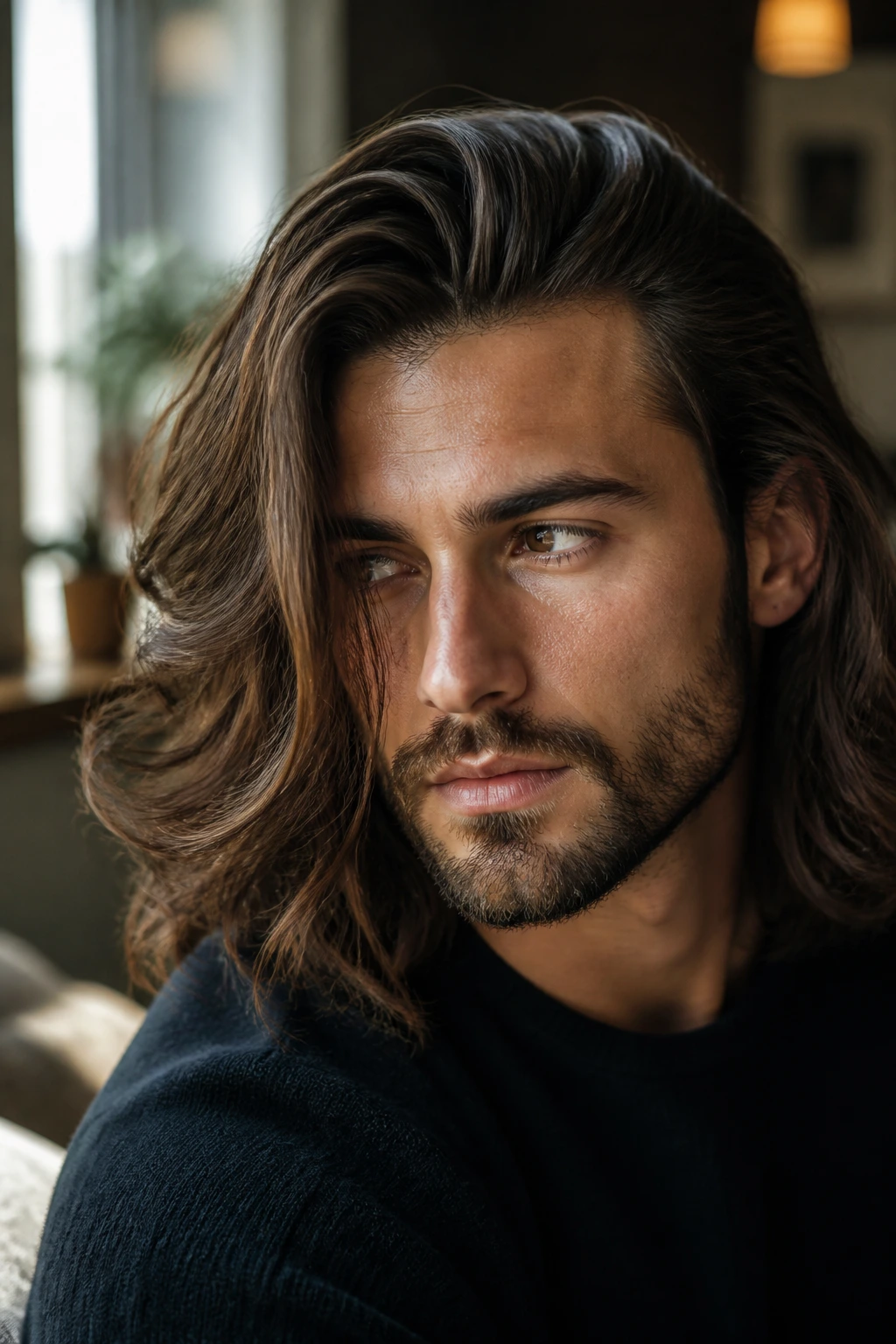 Man with a deep off-center part and hair flowing across his face