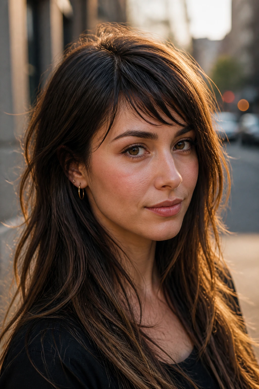 Close-up of a real person with deep side-part choppy fringe on urban street at golden hour