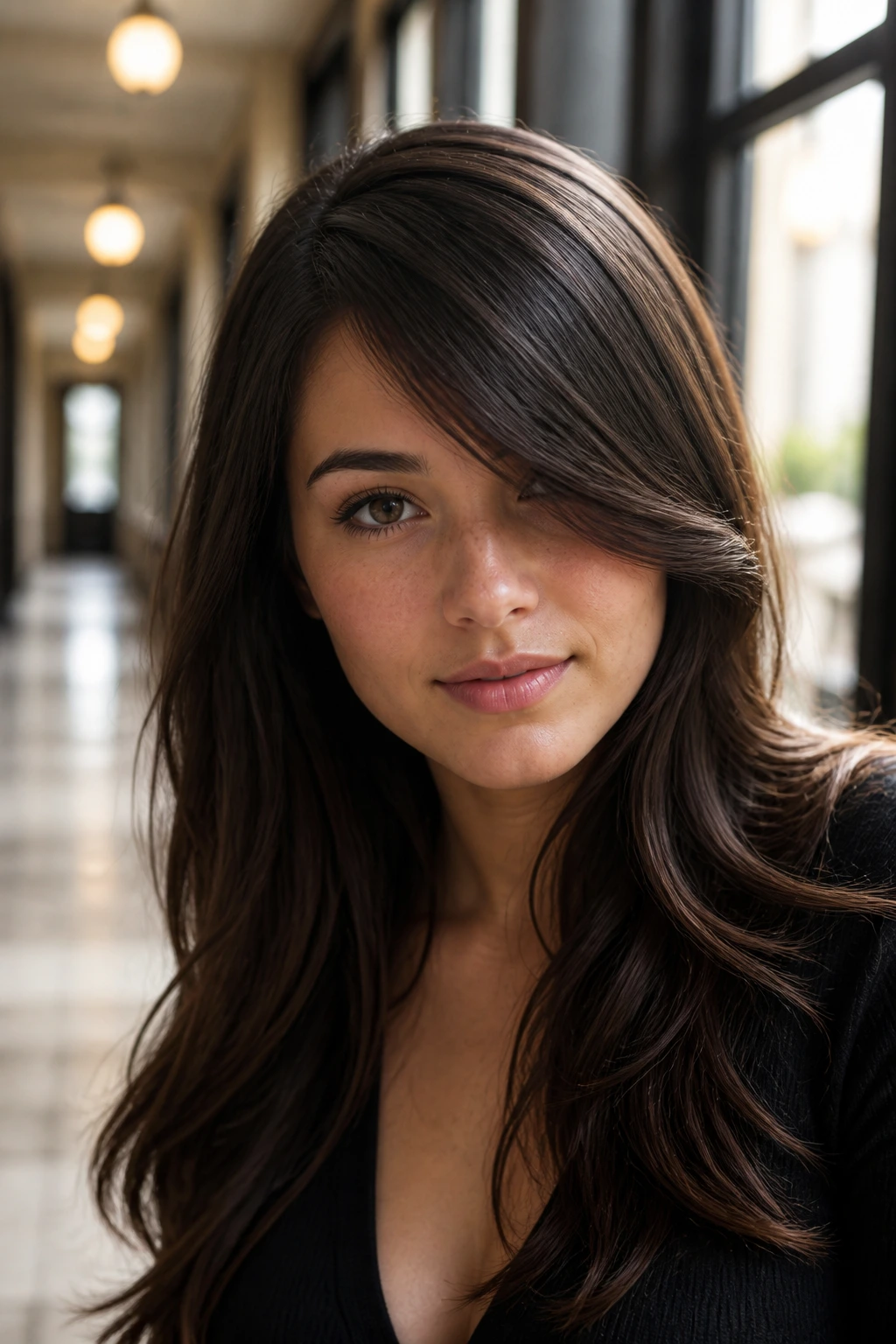 Close-up portrait of a real woman with a deep side part and sweeping fringe.