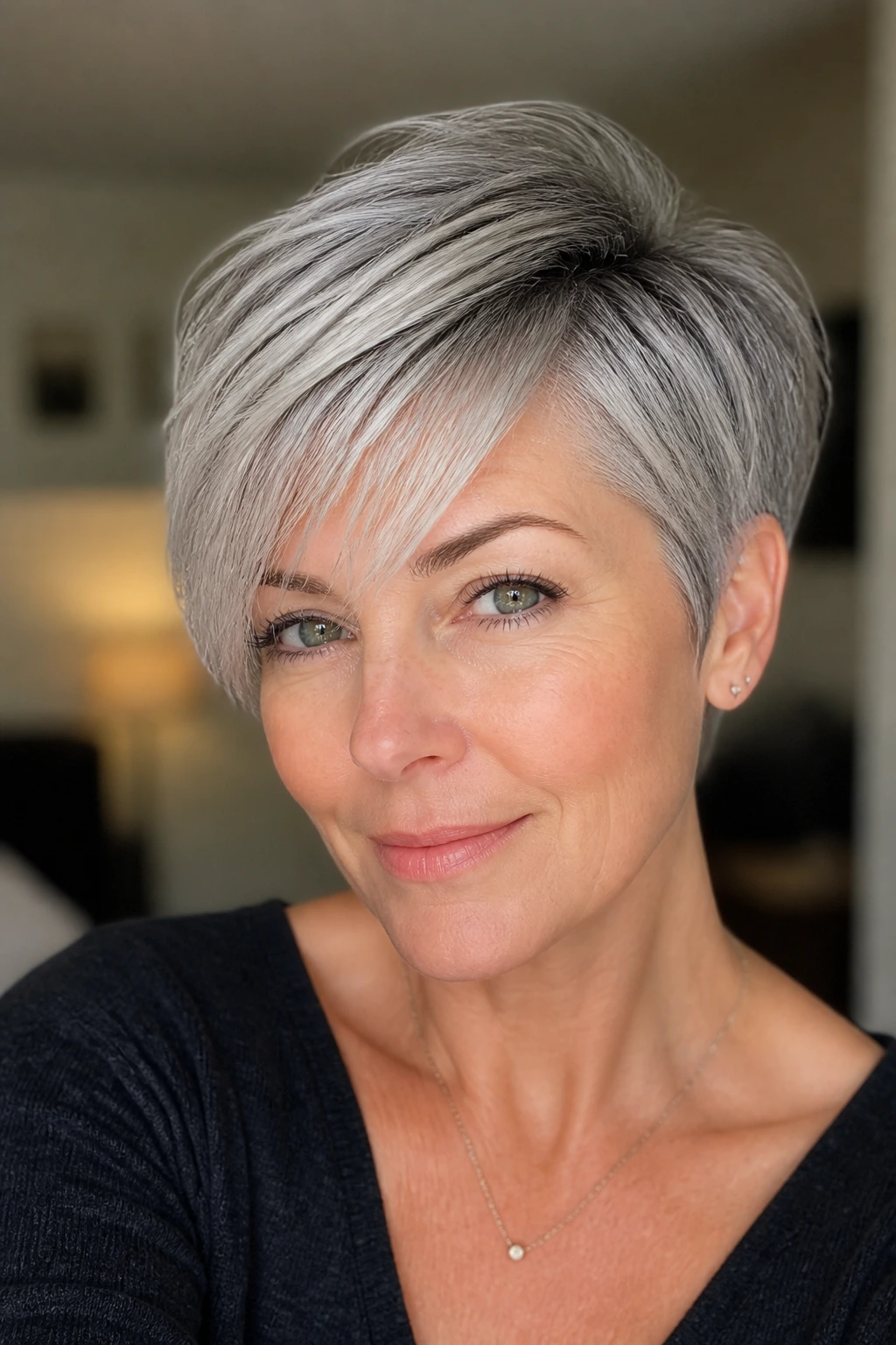 Portrait of a person with deep side-part pixie and frosted fringe