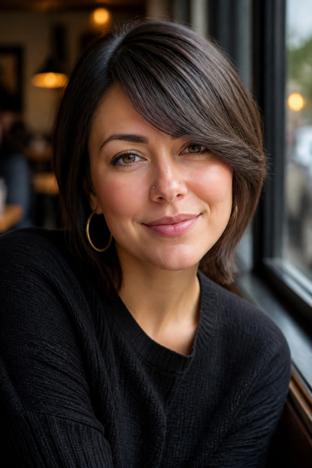 Close-up portrait of a real woman with a deep side part fringe