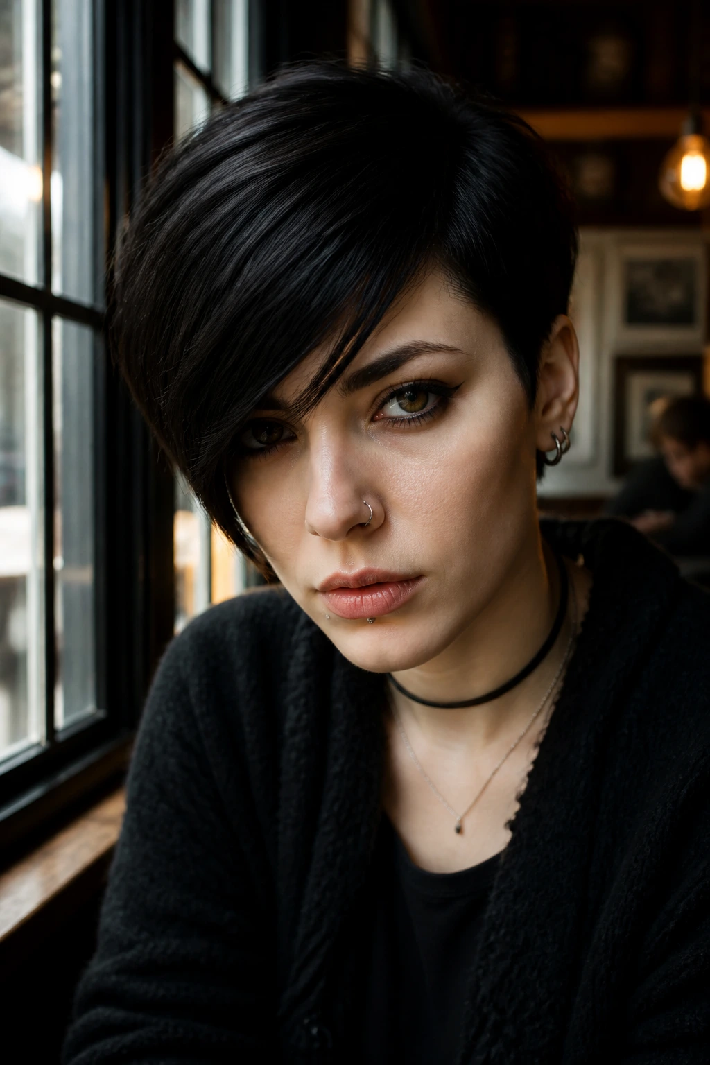 Close-up of a real person with a deep side-part fringe on short dark hair, in a cafe setting.