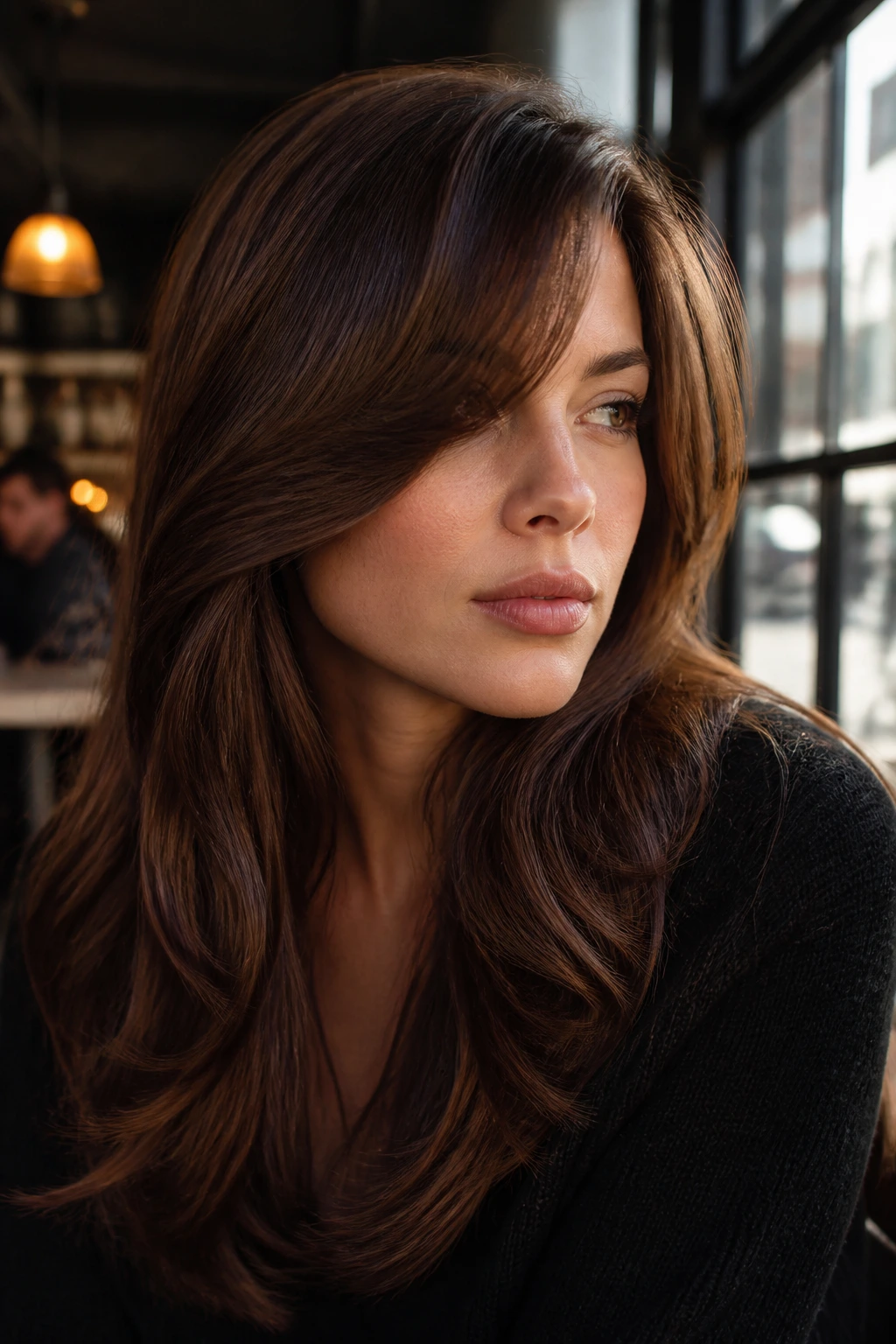 Real woman with deep side-part fringe and long sweep