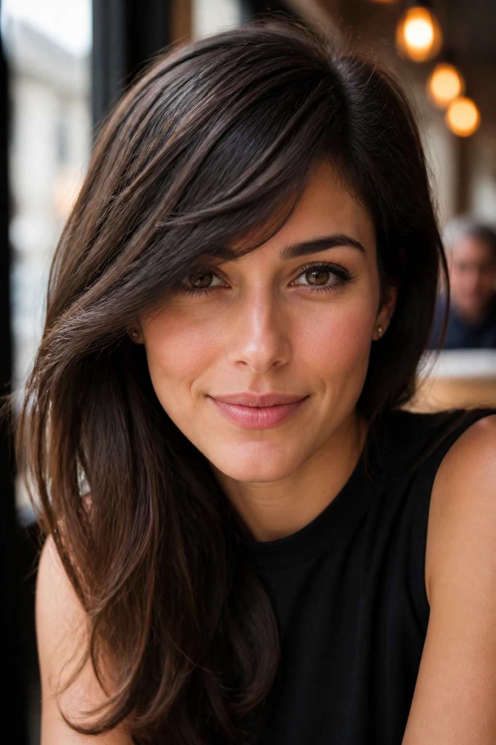Close-up of a woman with a deep side part fringe and diagonal bangs in cafe light