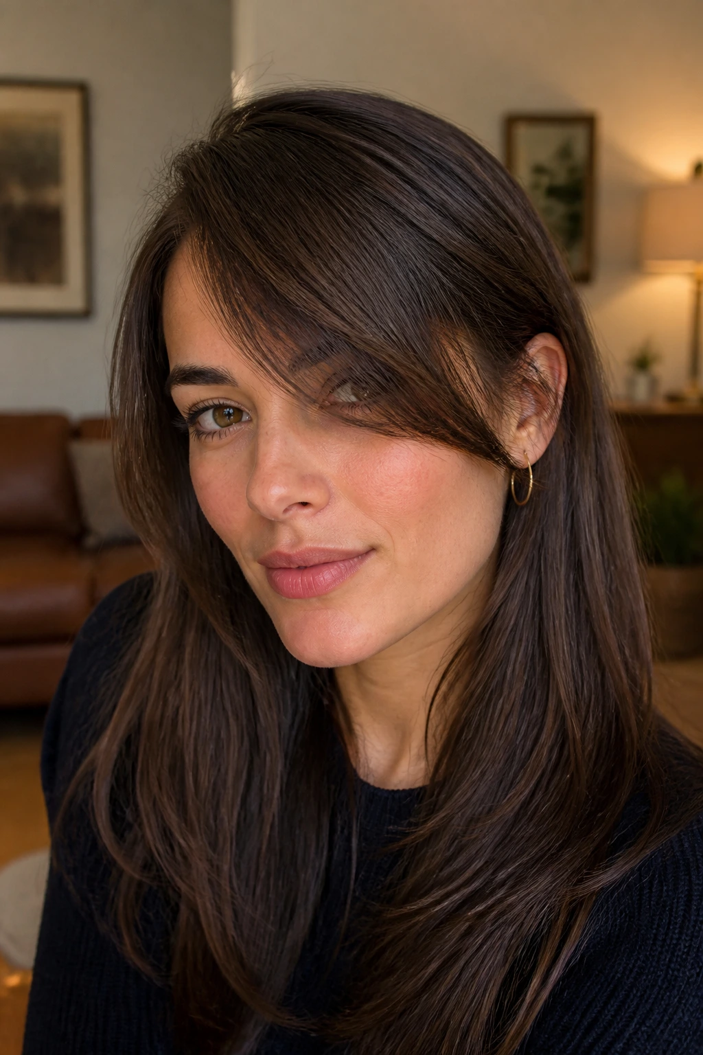 Portrait showing a deep side-part fringe sweeping across the forehead
