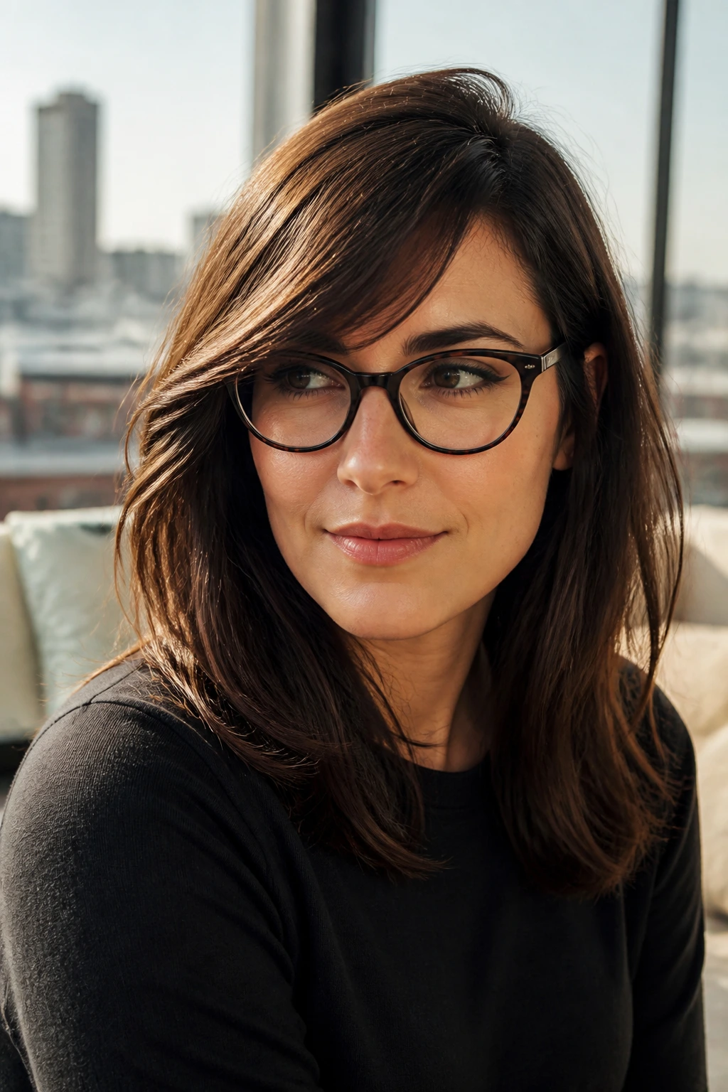 Close-up of a real woman with deep side-part fringe and cat-eye glasses in morning light