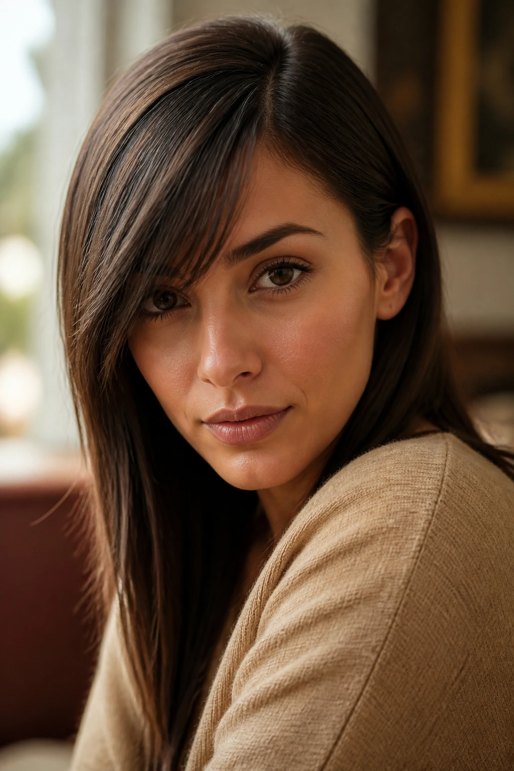 Close-up of a real woman with a deep side-part fringe sweeping across the forehead.