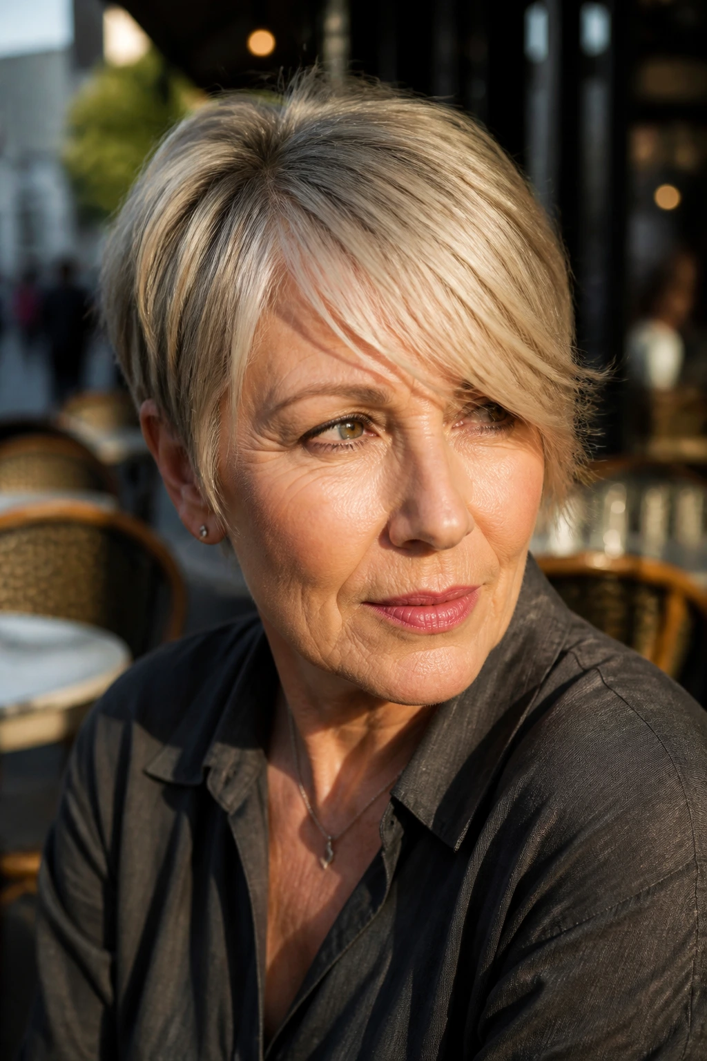 Close-up portrait of a real woman with deep side-part fringe.
