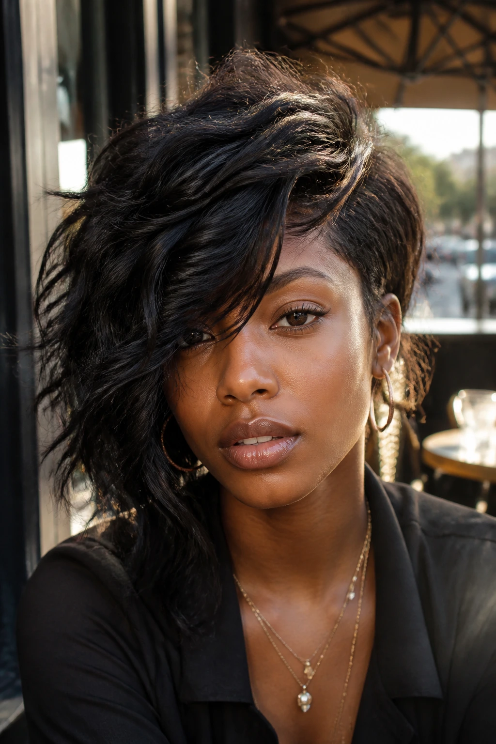 Real Black woman with deep side-part fringe shag outdoors