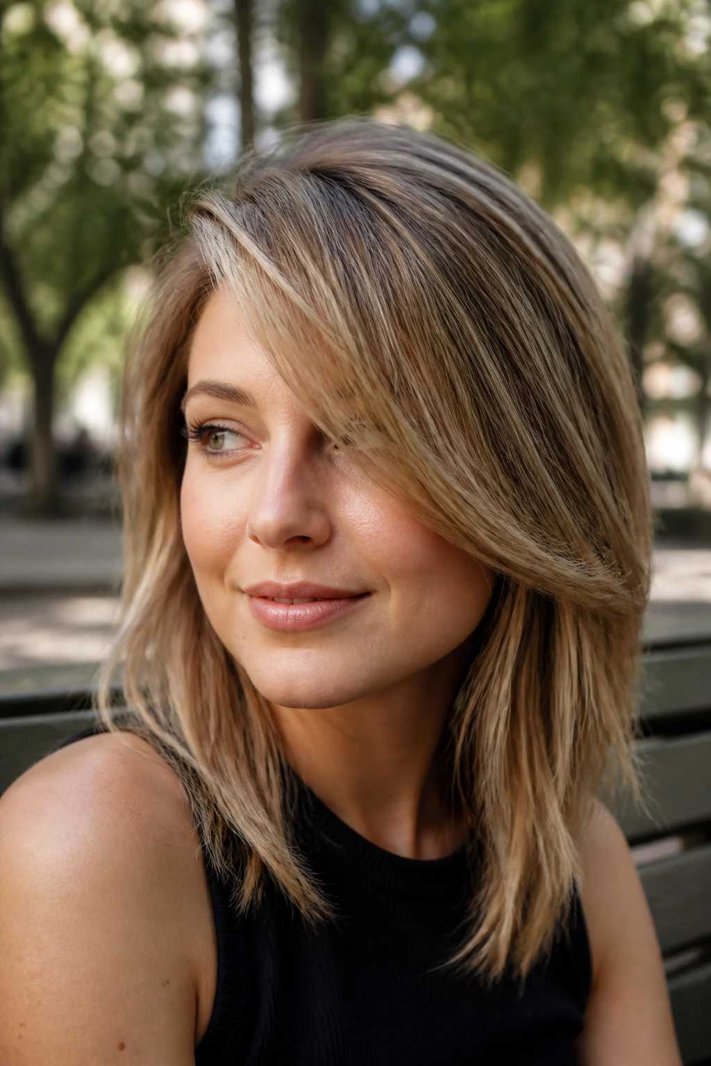 Close-up of a real woman with a deep side-part fringe creating one-sided volume in daylight