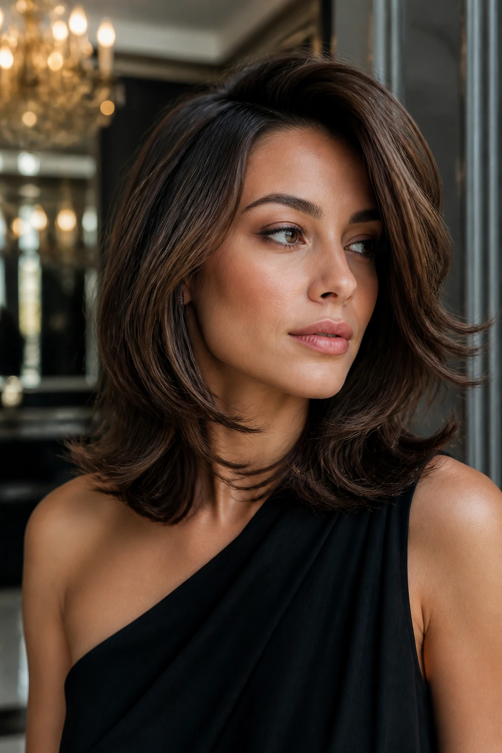 Portrait of real woman with deep side-part glam shag in elegant interior