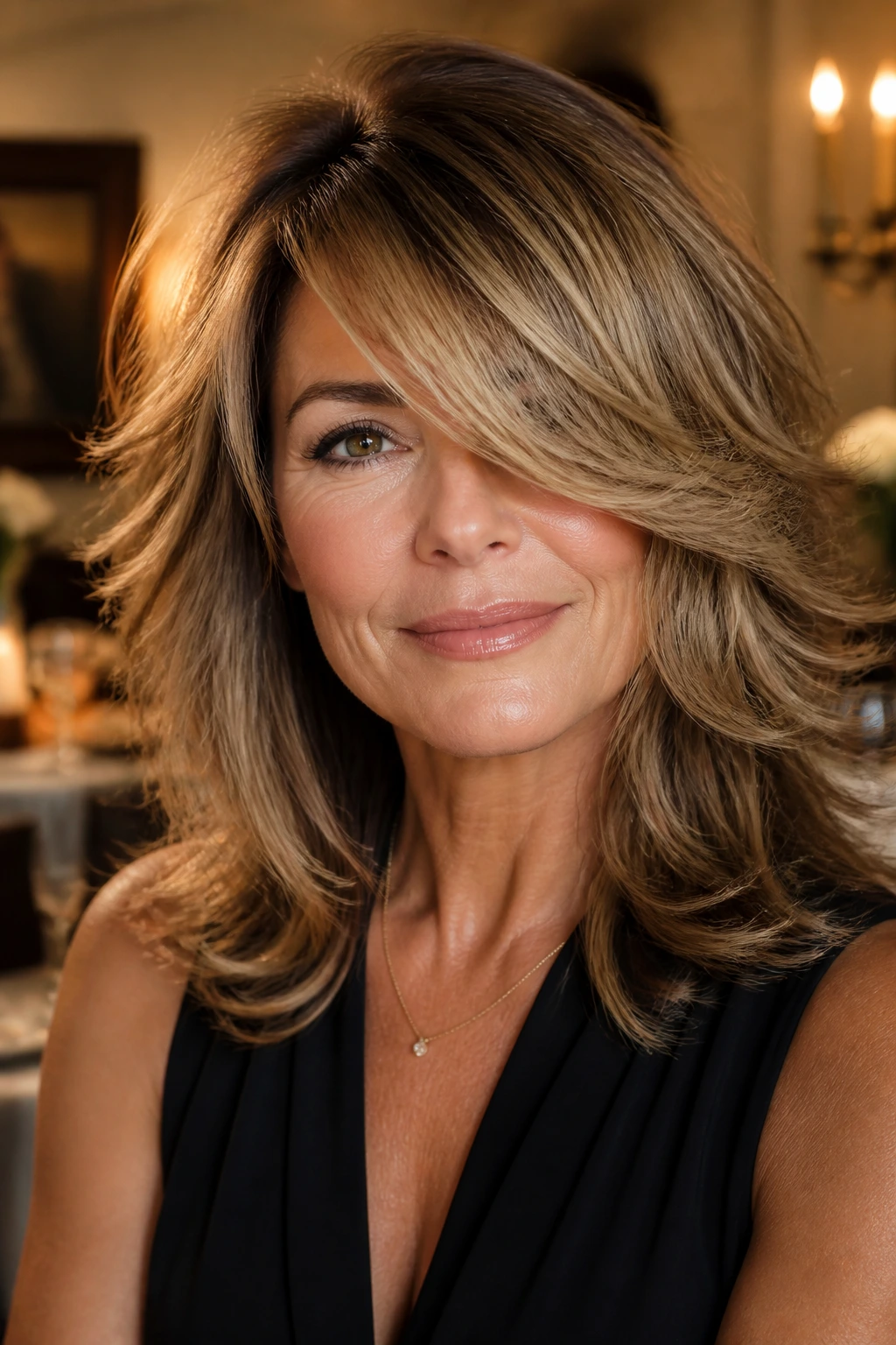 Close-up of a real woman with a Deep Side-Part Glam Shag featuring a dramatic deep side part and glossy layered ends.