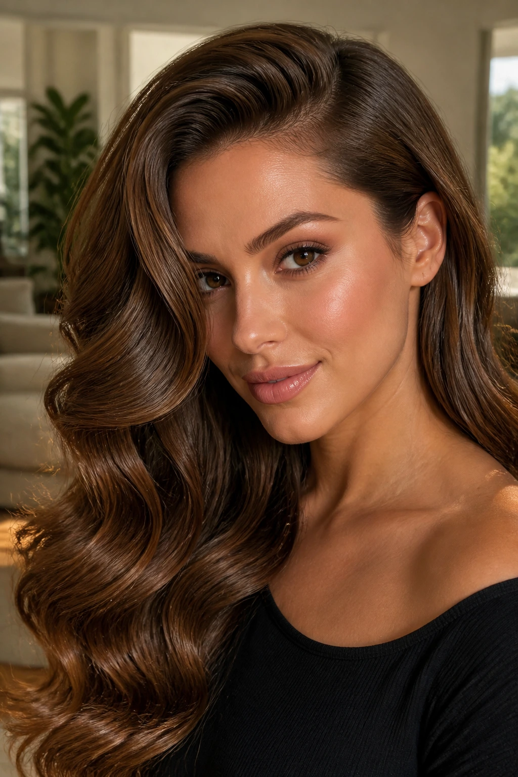 Portrait of a real person with deep side-part glam waves and glossy finish