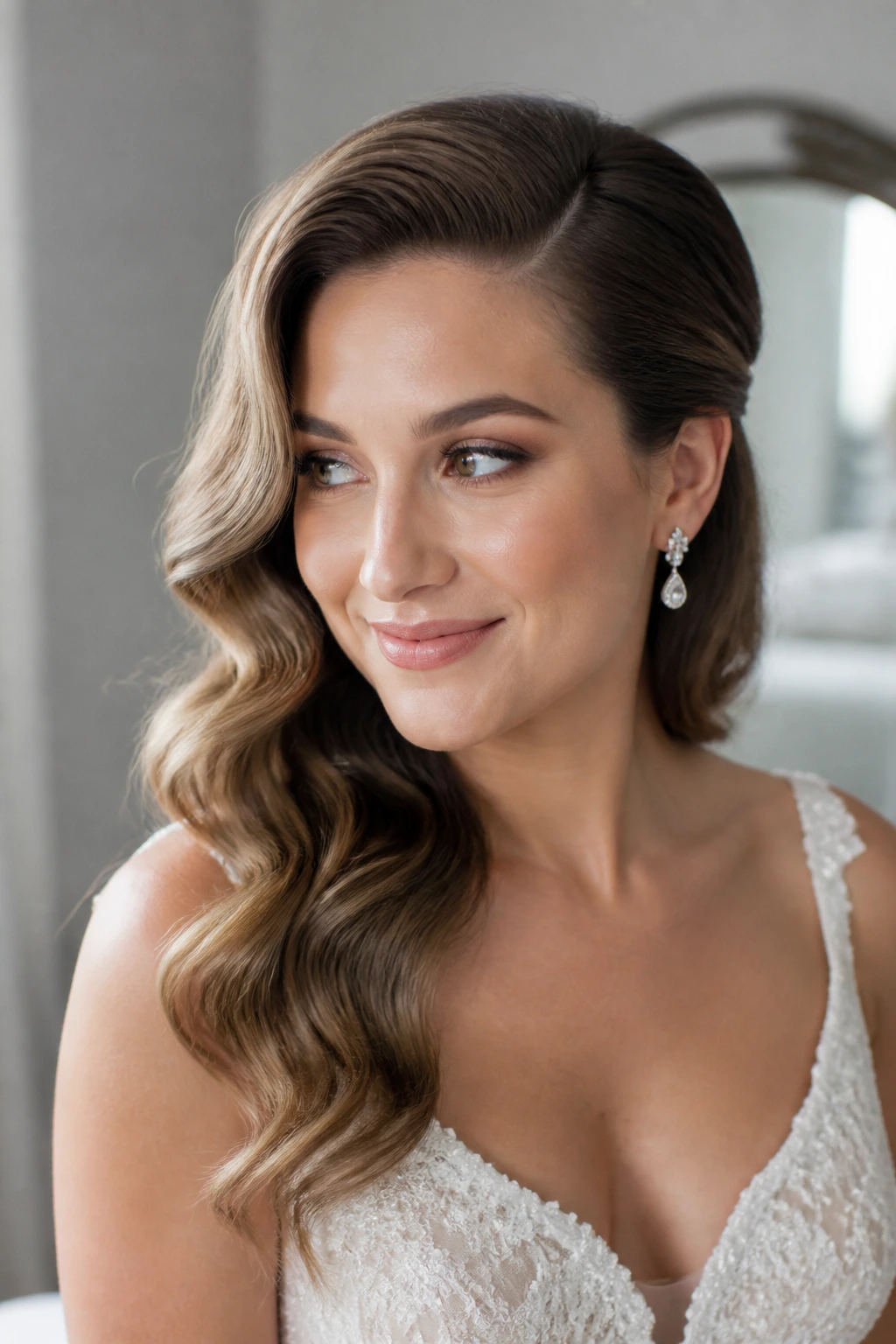 Close-up of a real bride with deep side-part glam waves and a subtle, old-Hollywood vibe