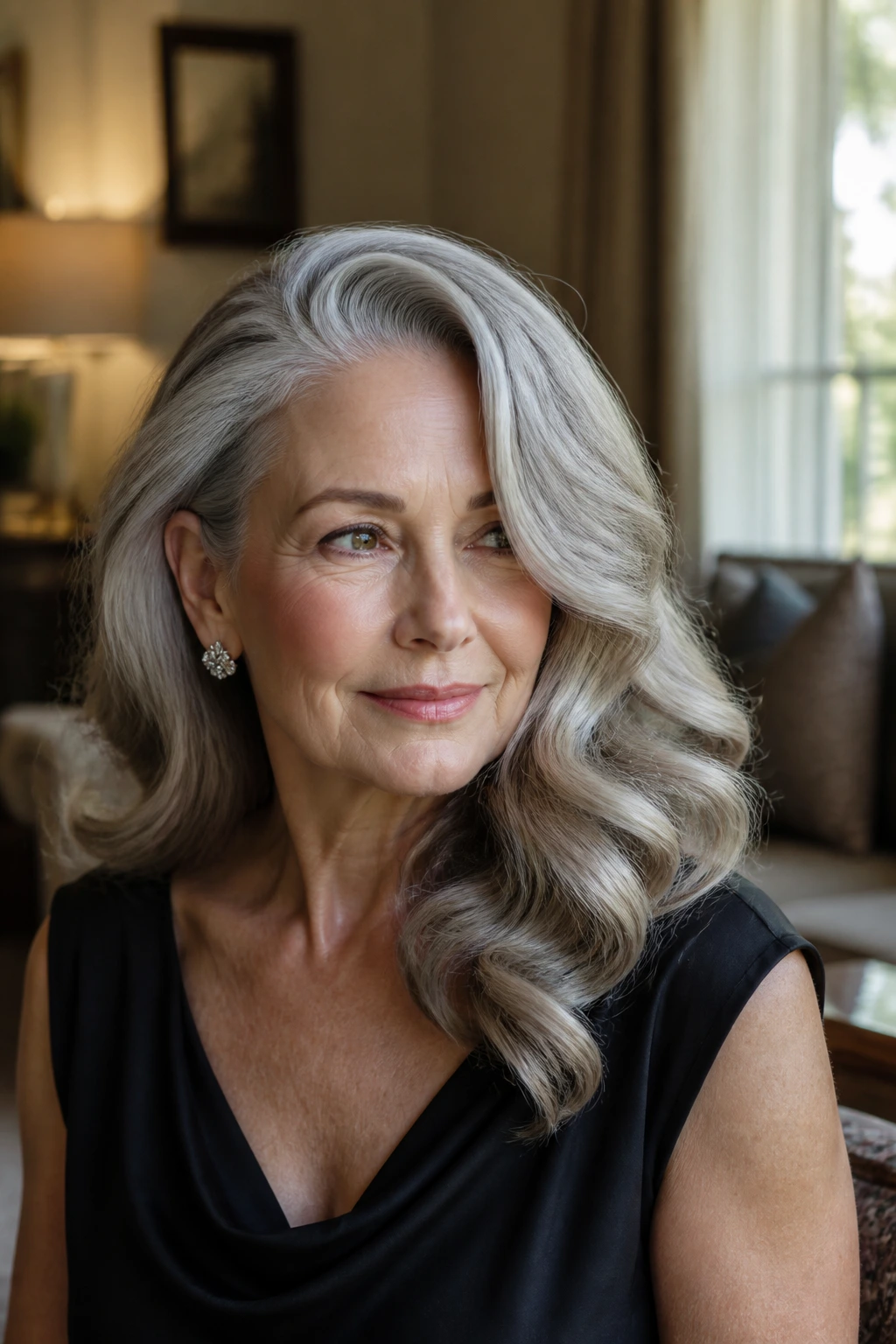 Close-up portrait of a real woman with a deep side-part glam waves