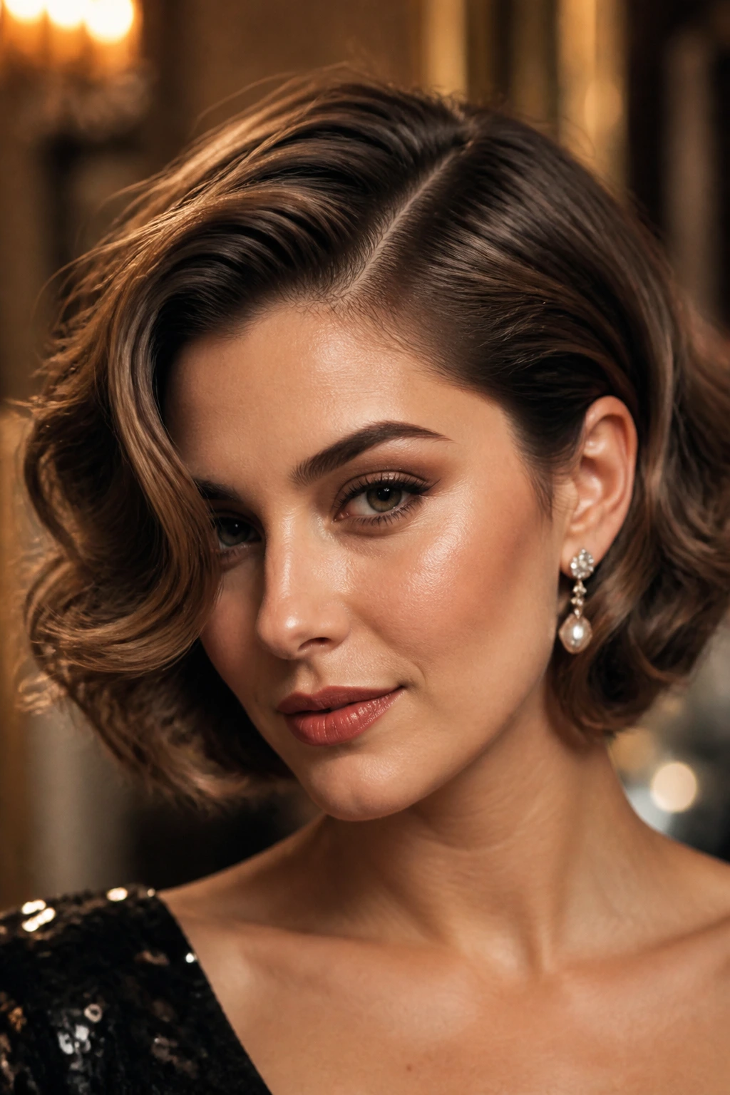 Real woman with deep side part glam waves short hair
