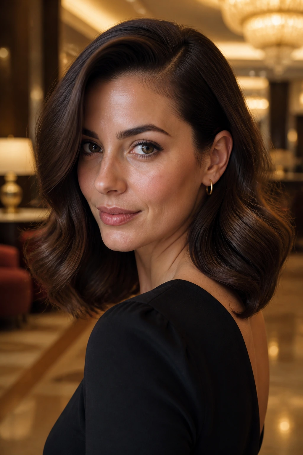 Portrait of a real woman with deep side part and glam waves at shoulder length