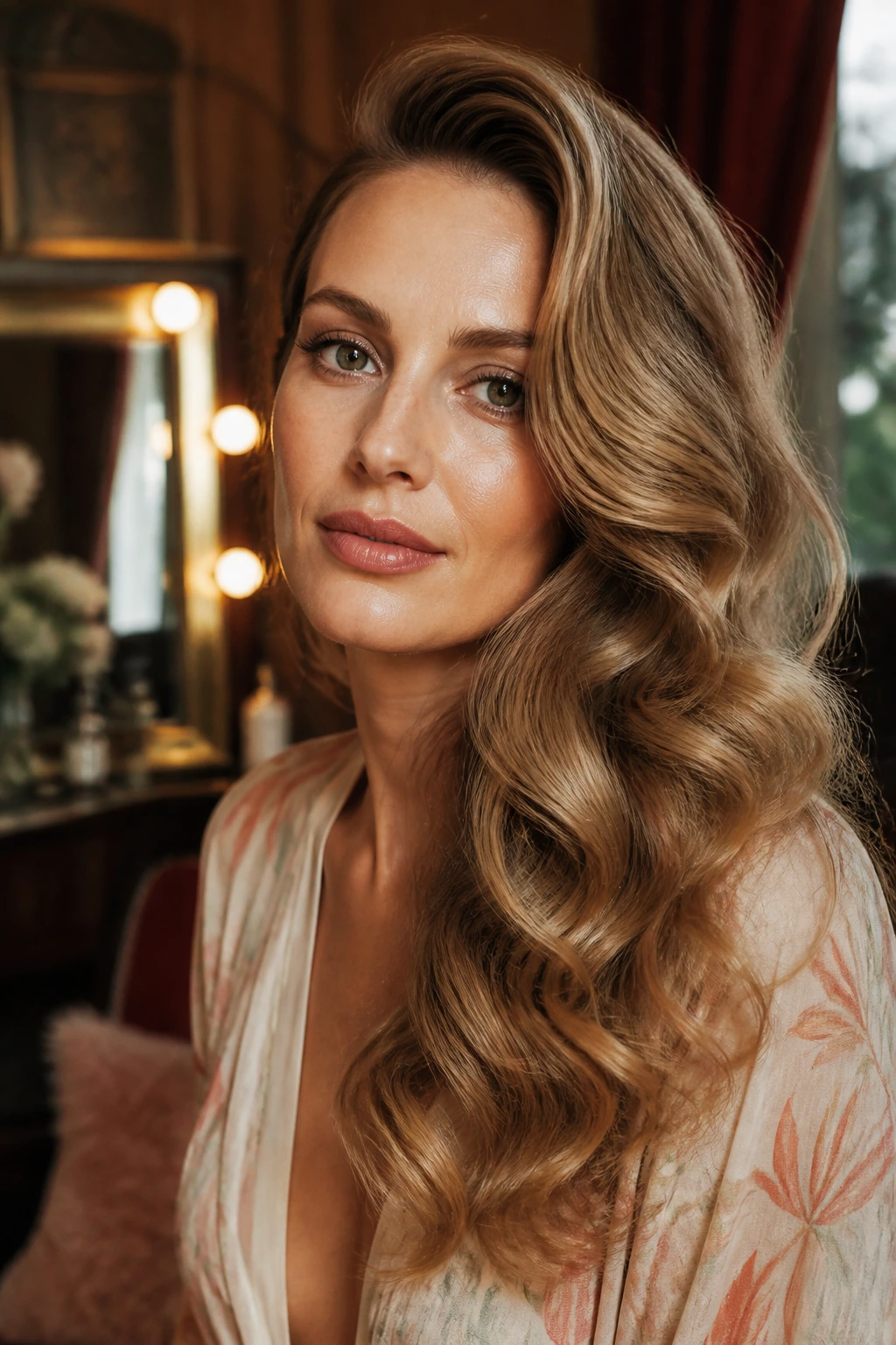 Close-up of a woman with a deep side part and glamorous waves, 1970s-inspired hairstyle.