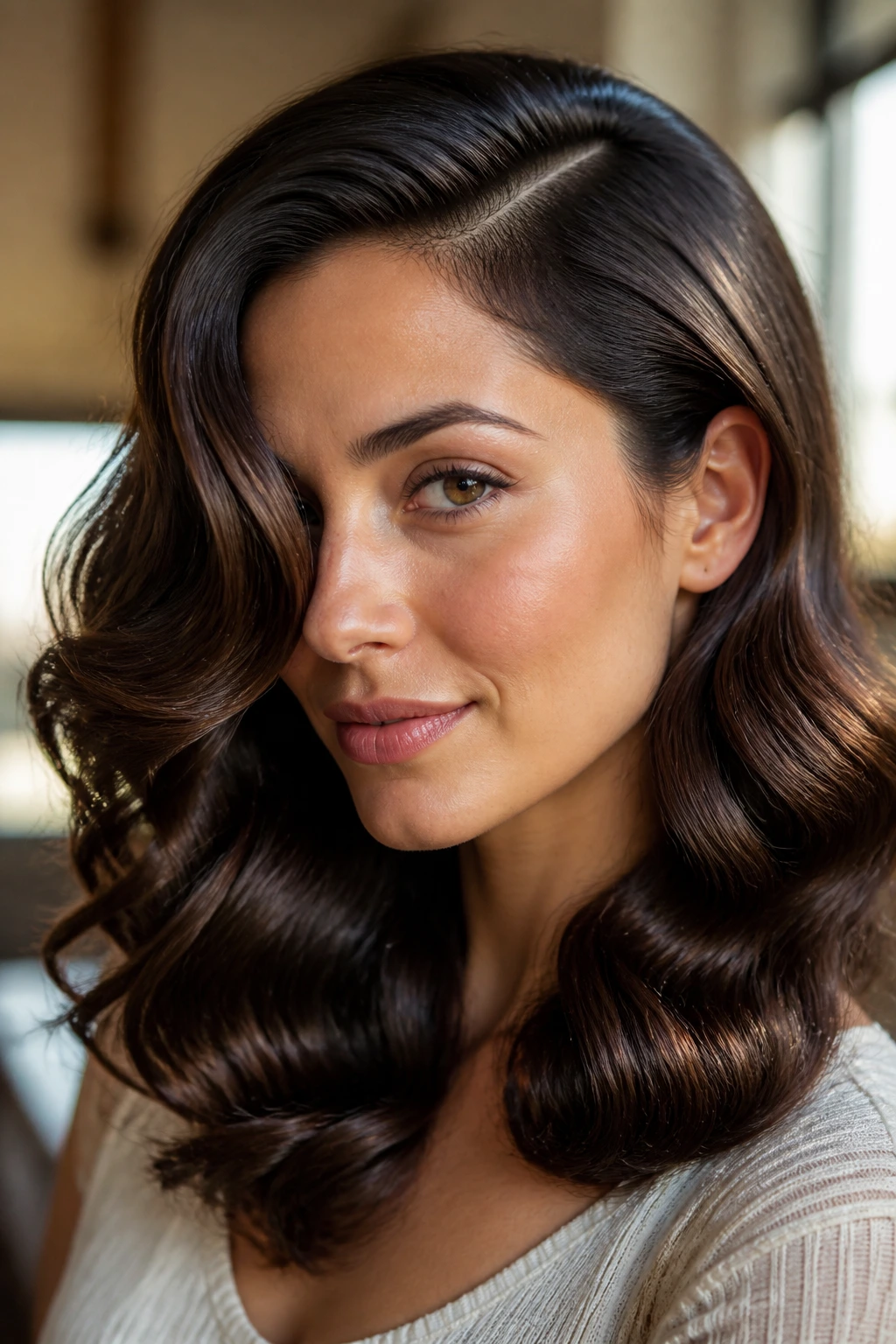 Close-up of a real woman with deep side part and glossy S-waves