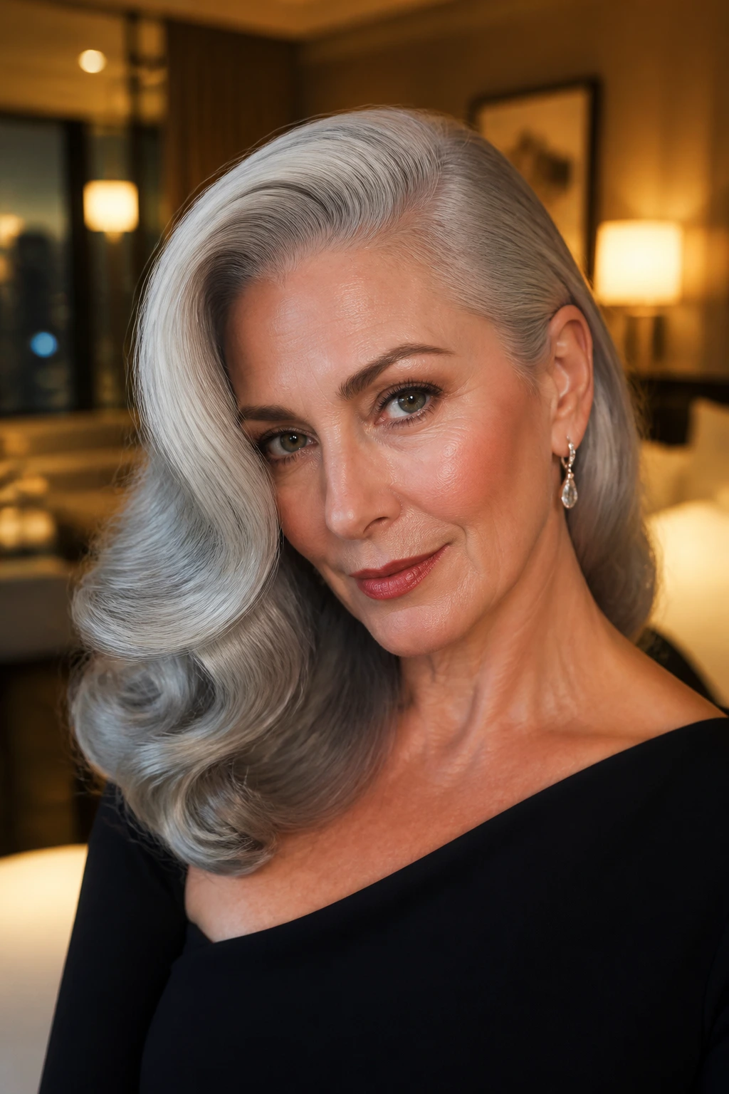 Close-up portrait of a real woman with a deep side-part Hollywood wave in silver hair.