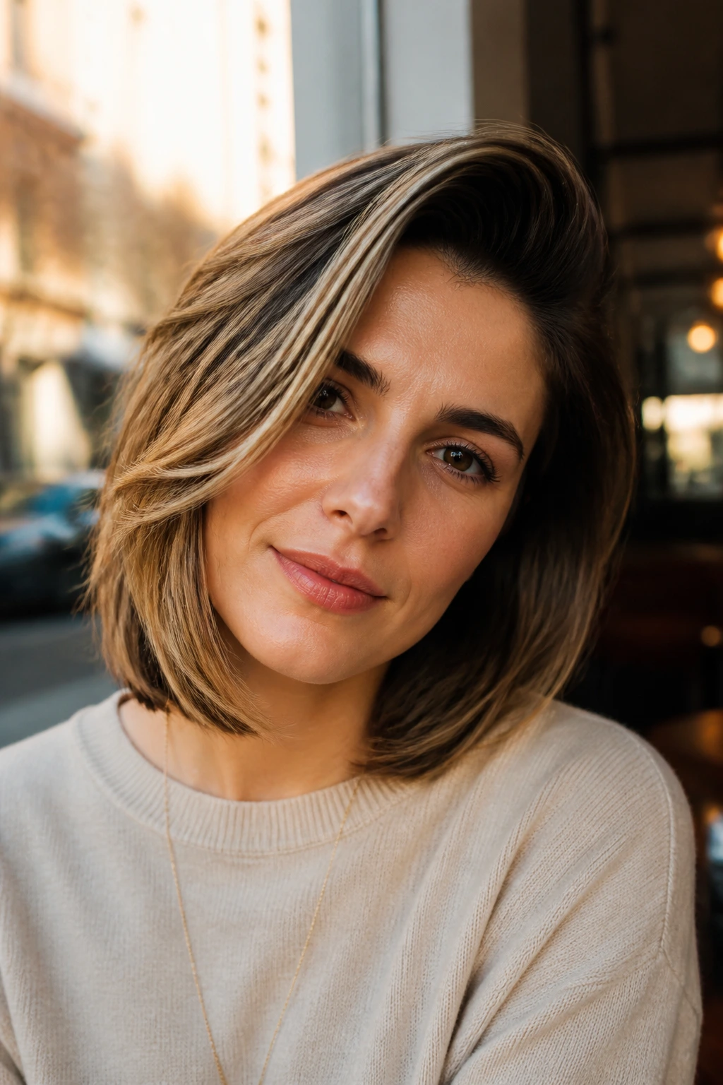 Portrait of a real woman with a deep side-part hairstyle