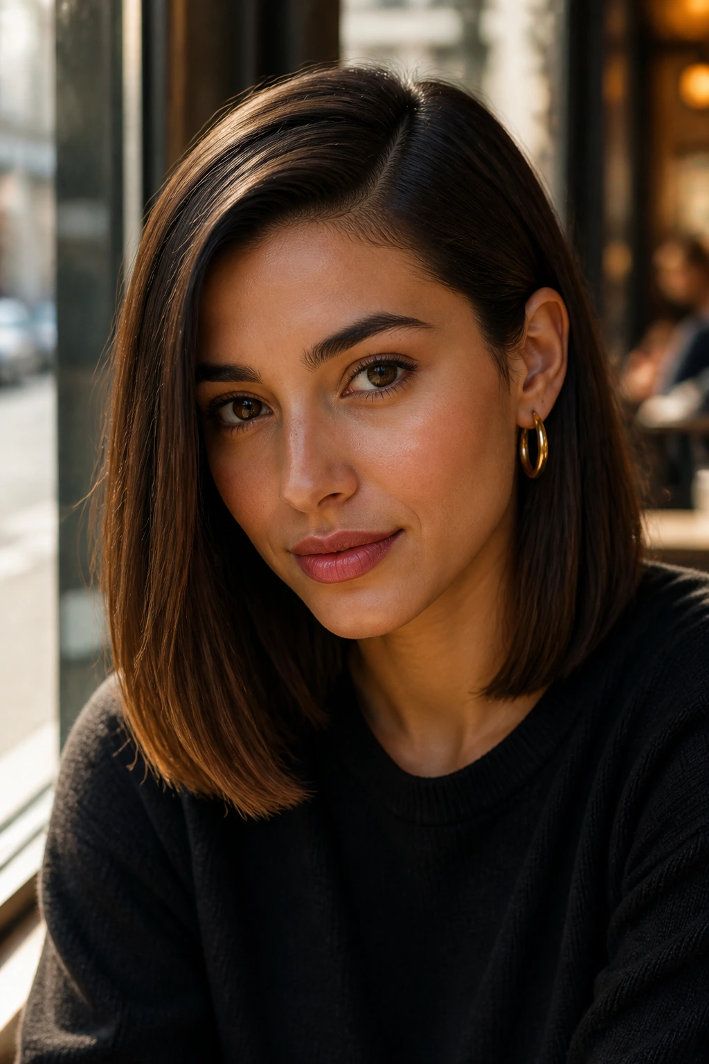 Deep side part tuck hairstyle with ear exposed and hoop earring