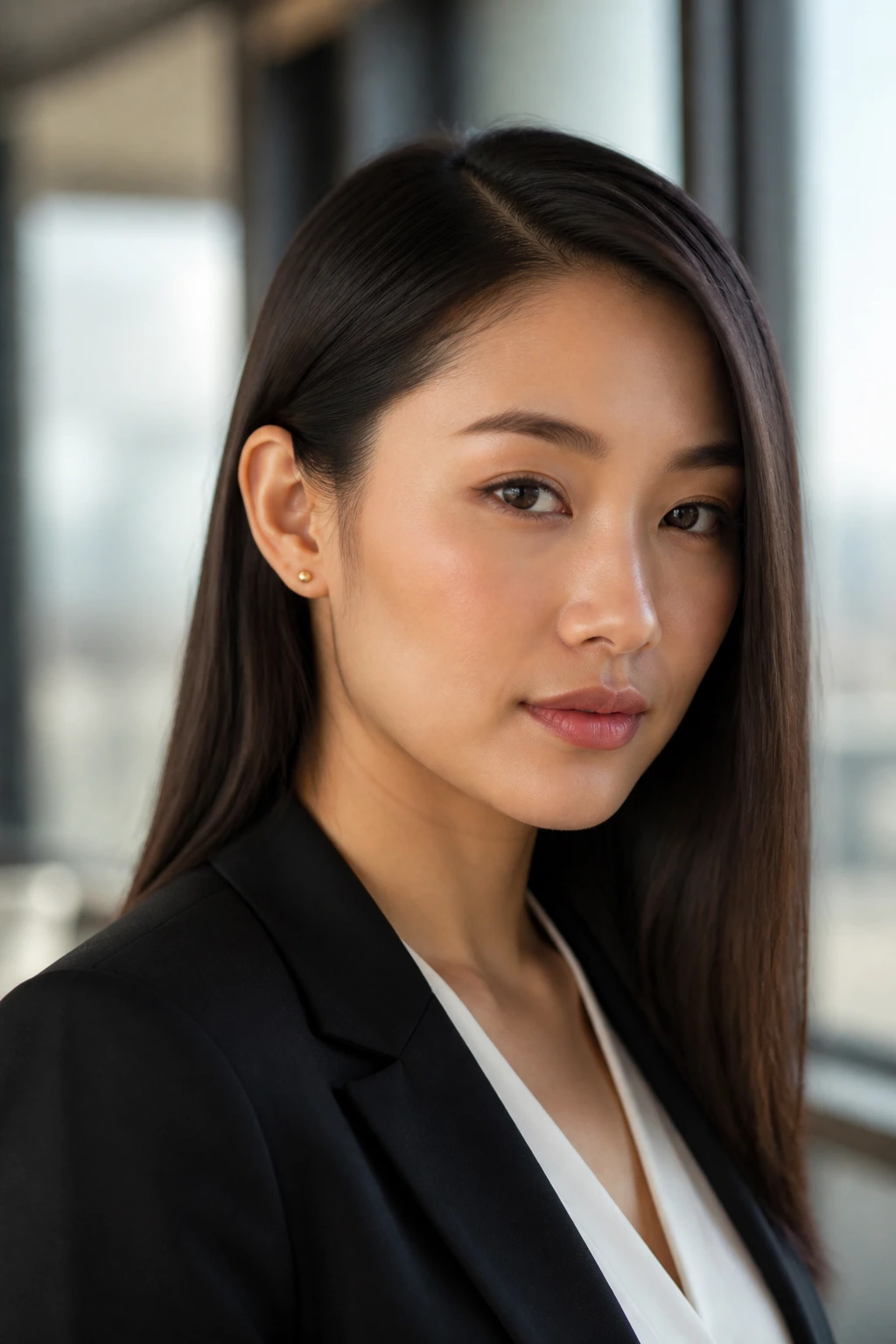 Close-up of a real woman with deep side part and ear tuck