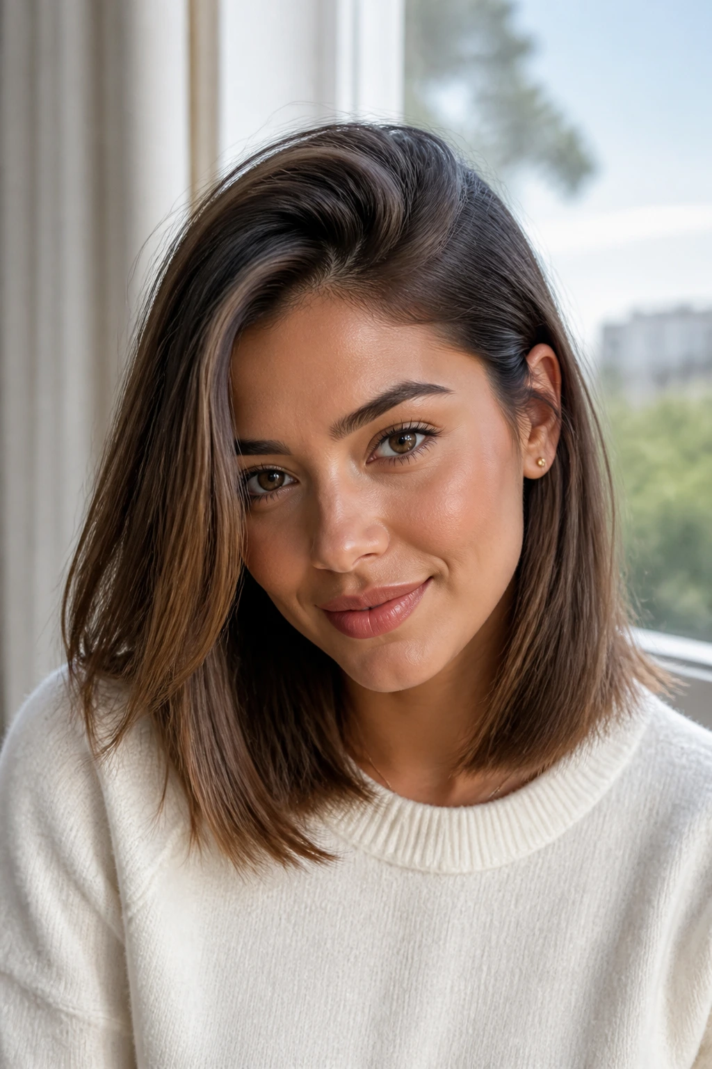 Portrait of a real person with a deep side part and lifted crown in natural light