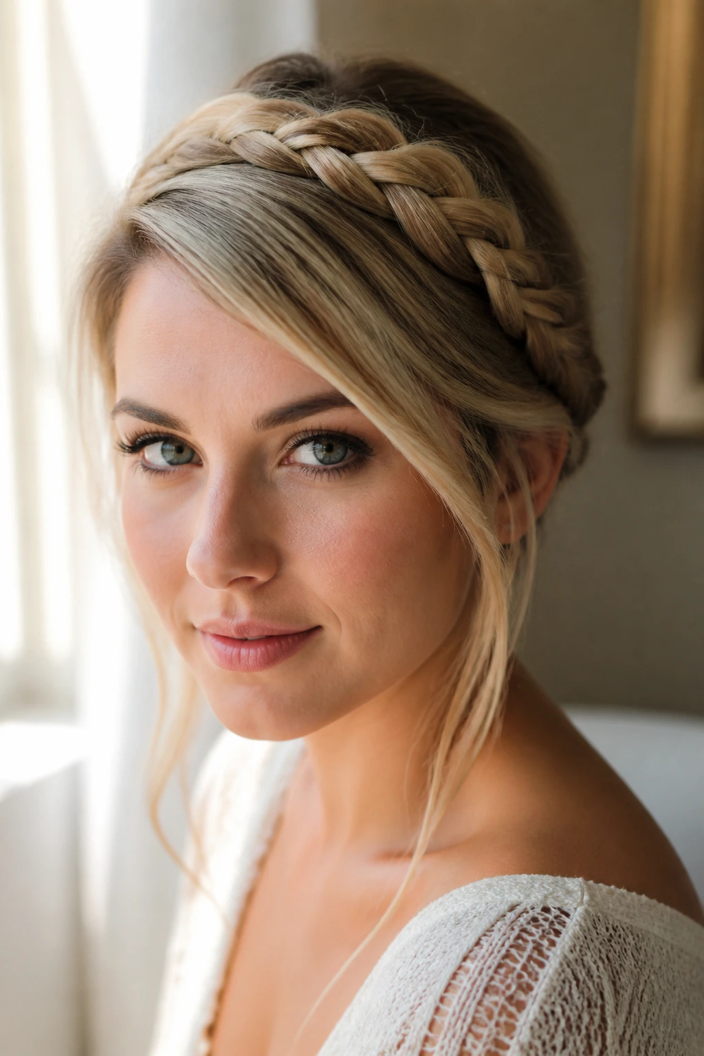 Portrait of a woman with a deep side-part halo braid across the crown