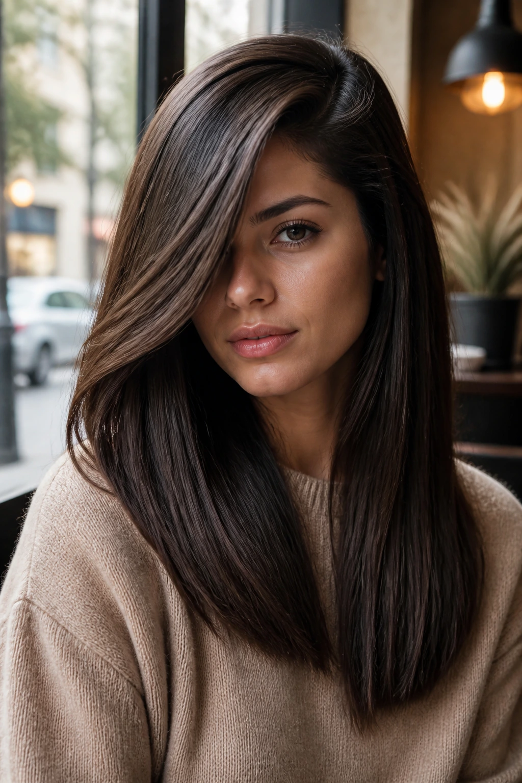 Close-up of a real woman with a deep side part and heavy front fall