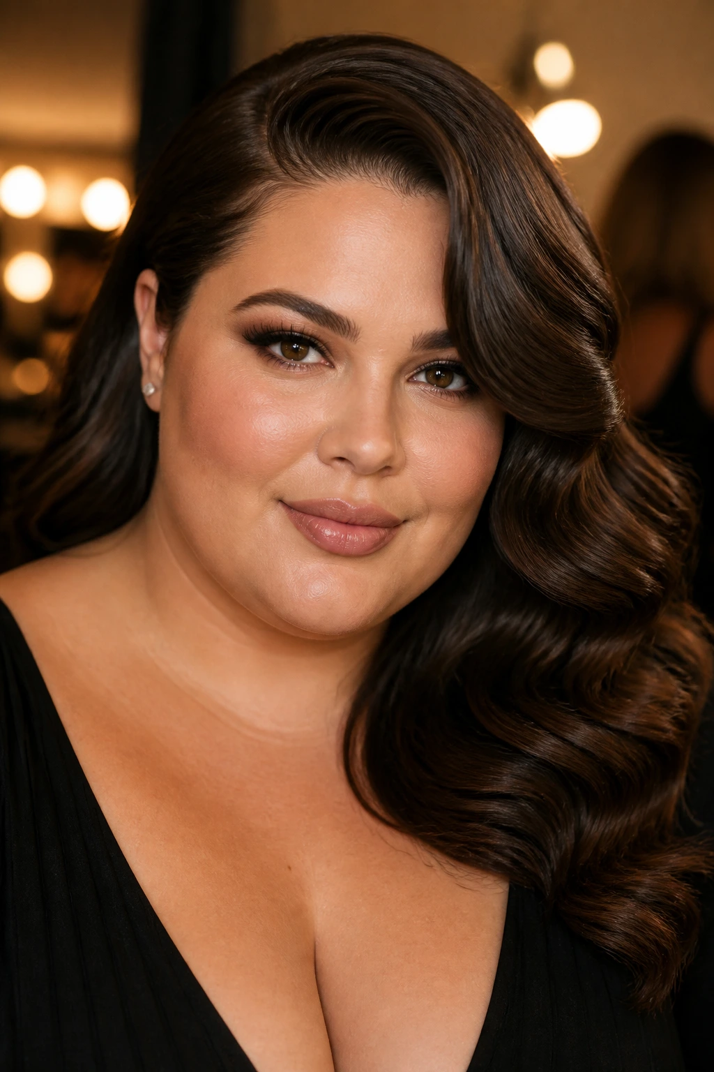 Portrait featuring deep side part and Hollywood waves framing face