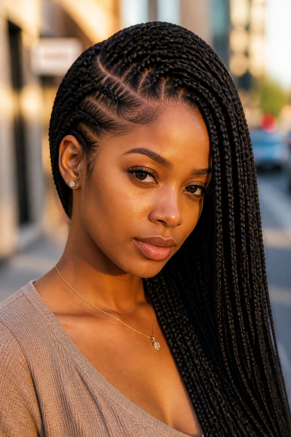 Close-up of a real person with a deep side-part knotless braids in an urban setting