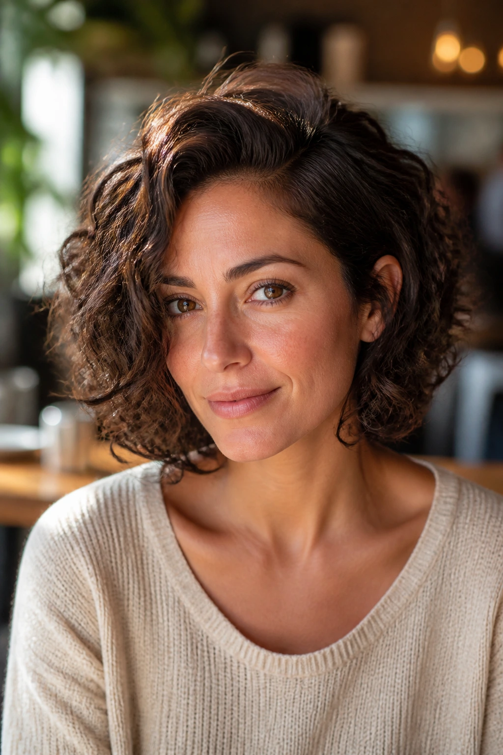 Close-up portrait of a real woman with a deep side part and layered curls