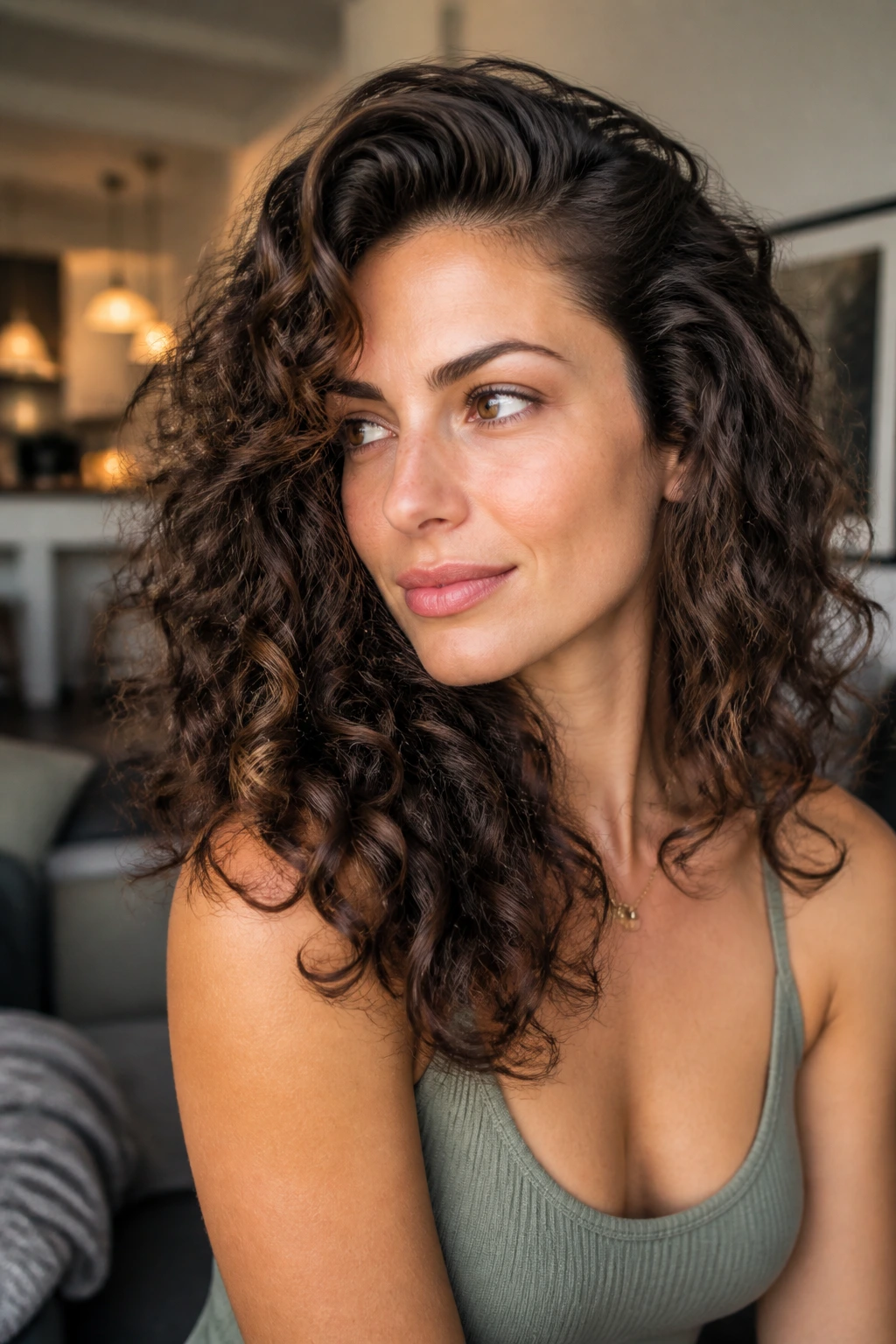 Portrait of a real person displaying a deep side-part layered curly haircut