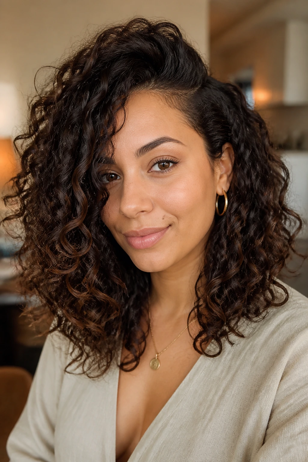 Close-up of a real woman with a deep side part and layered curls.
