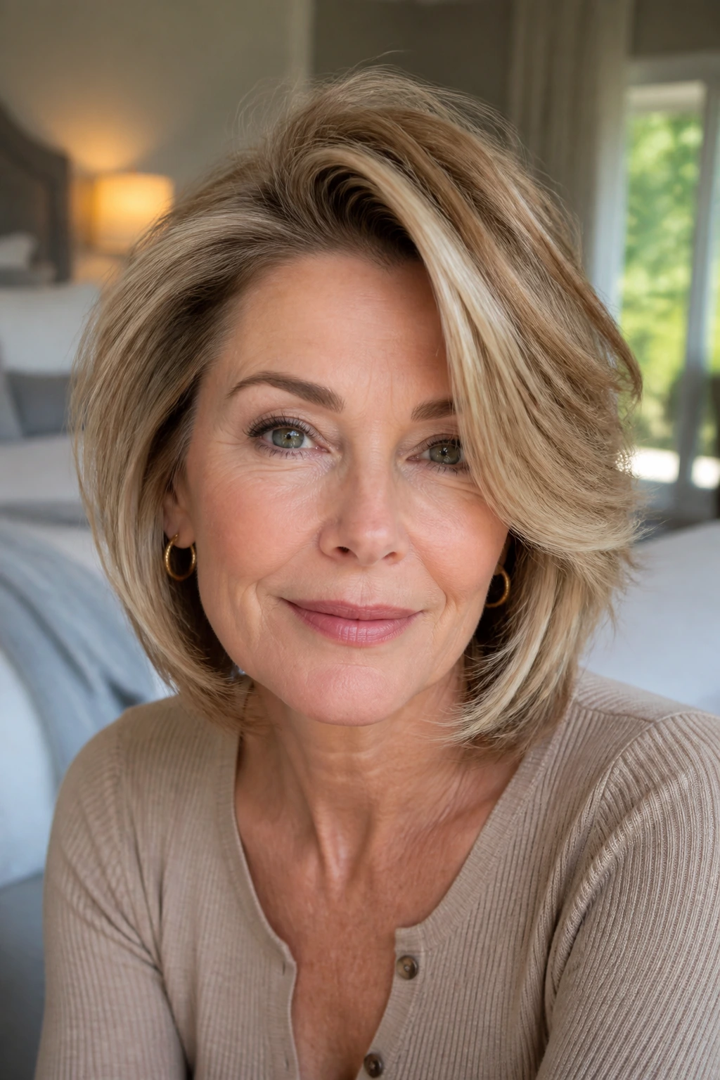 Close-up portrait of a real woman with deep side-part layers and crown lift