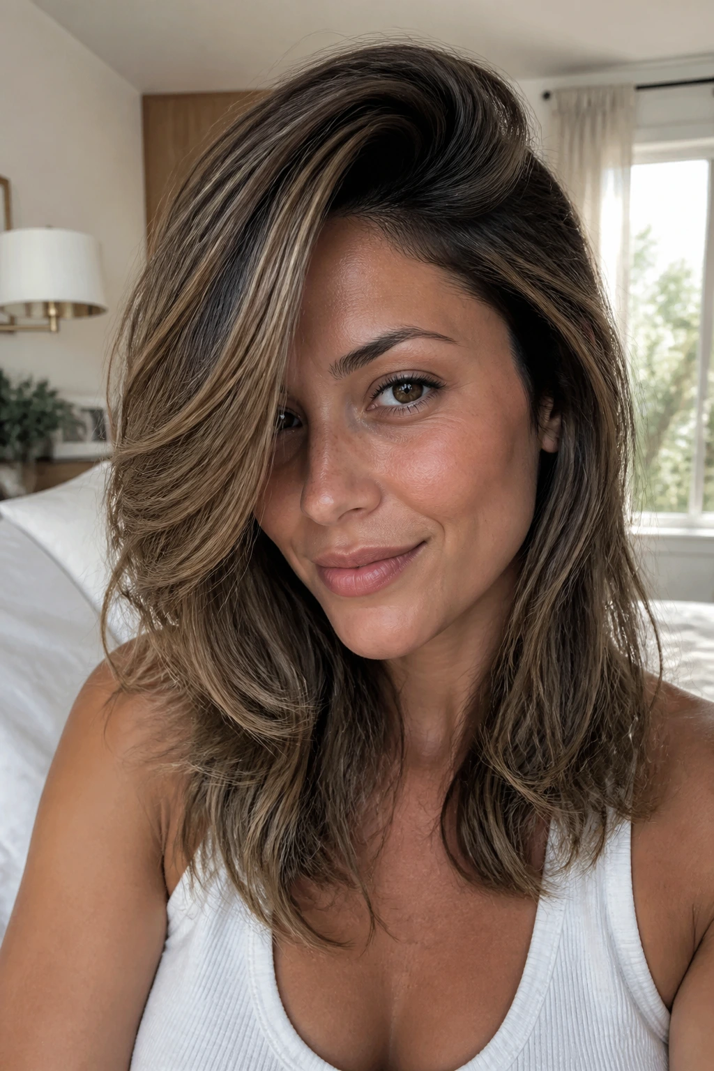Close-up portrait of a real woman with a deep side part and layered hairstyle.