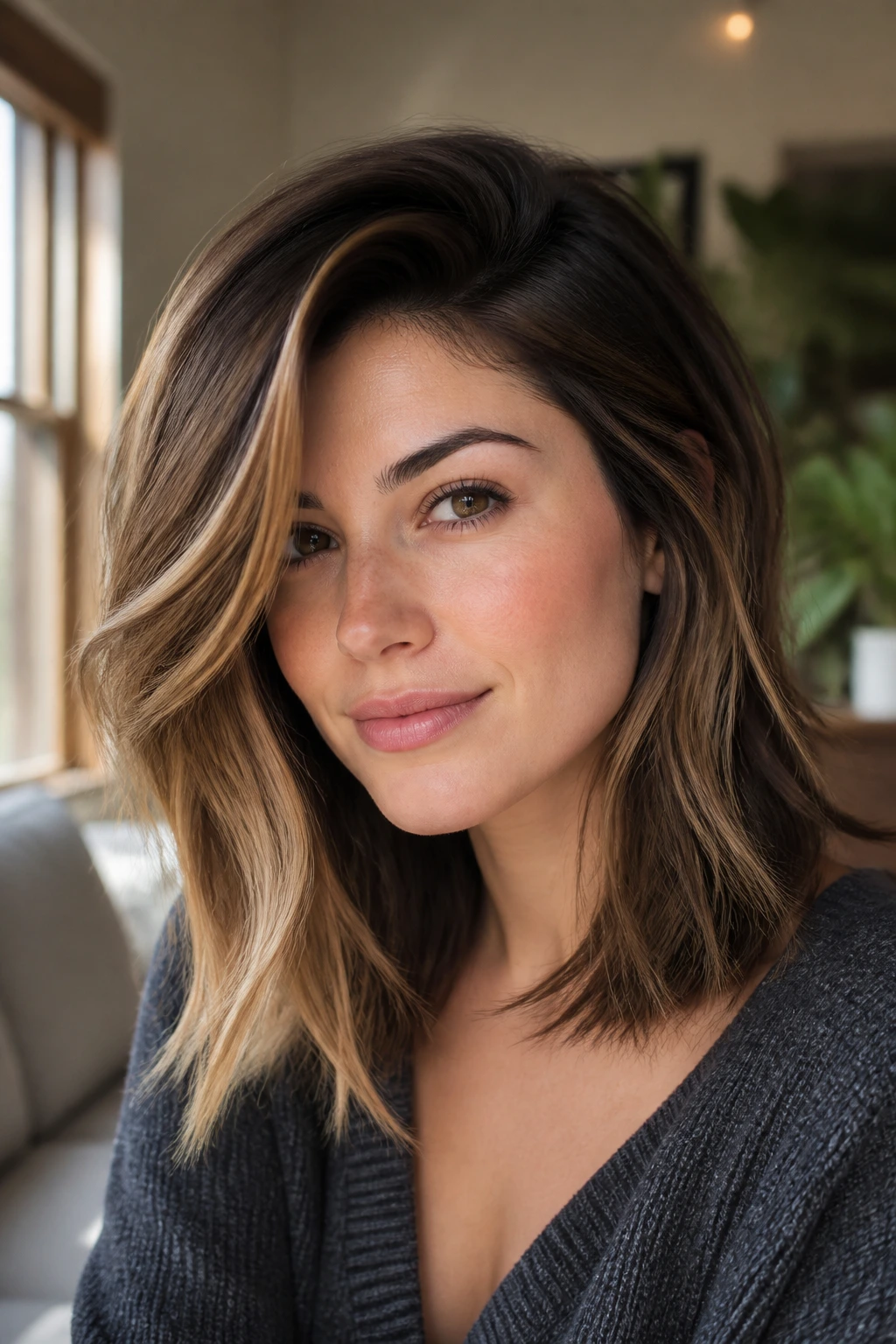 Close-up of real woman with deep side-part and layered hair in cozy room light