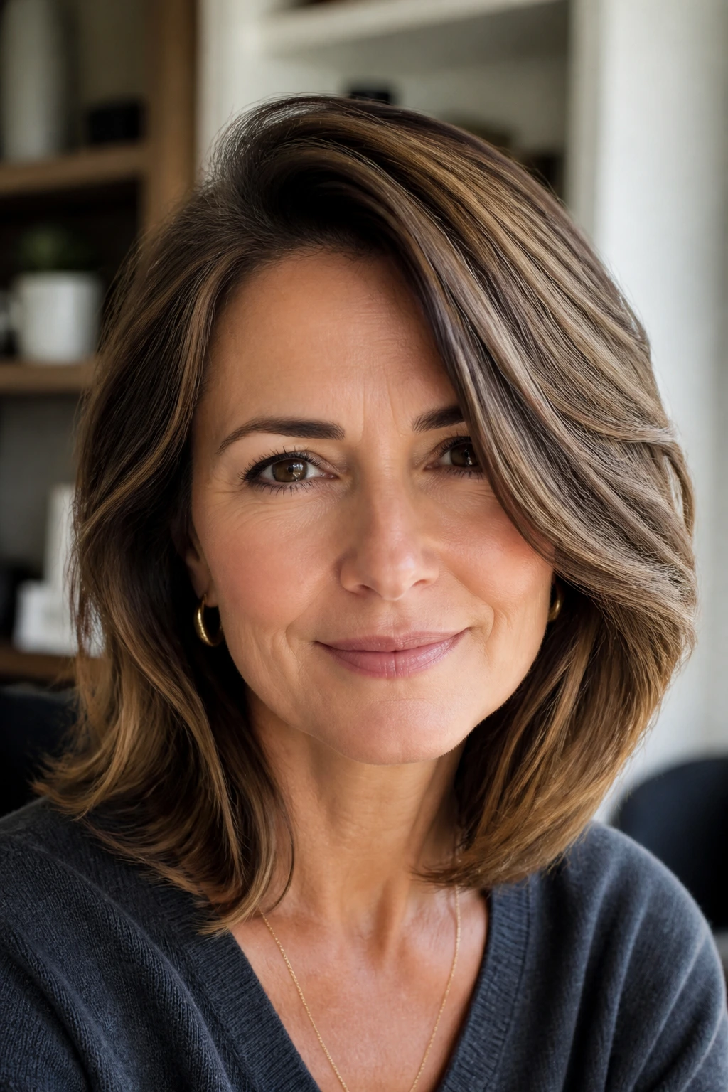 Woman with deep side-part layered cut and long layers