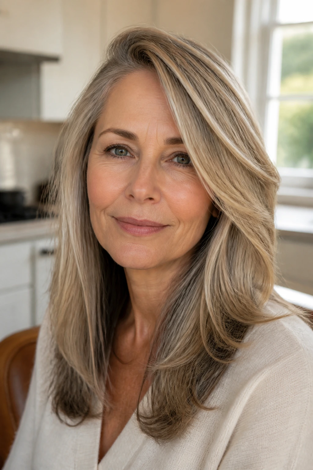 Close-up of a woman with a deep side part and diagonal face-framing layers lifting the front.