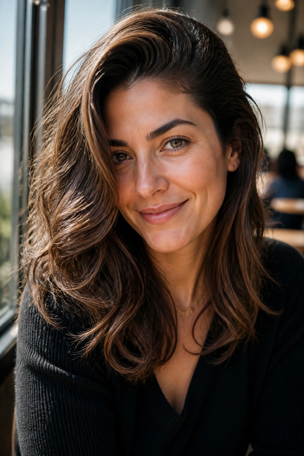 Close-up portrait of a real woman with a deep side part and waves