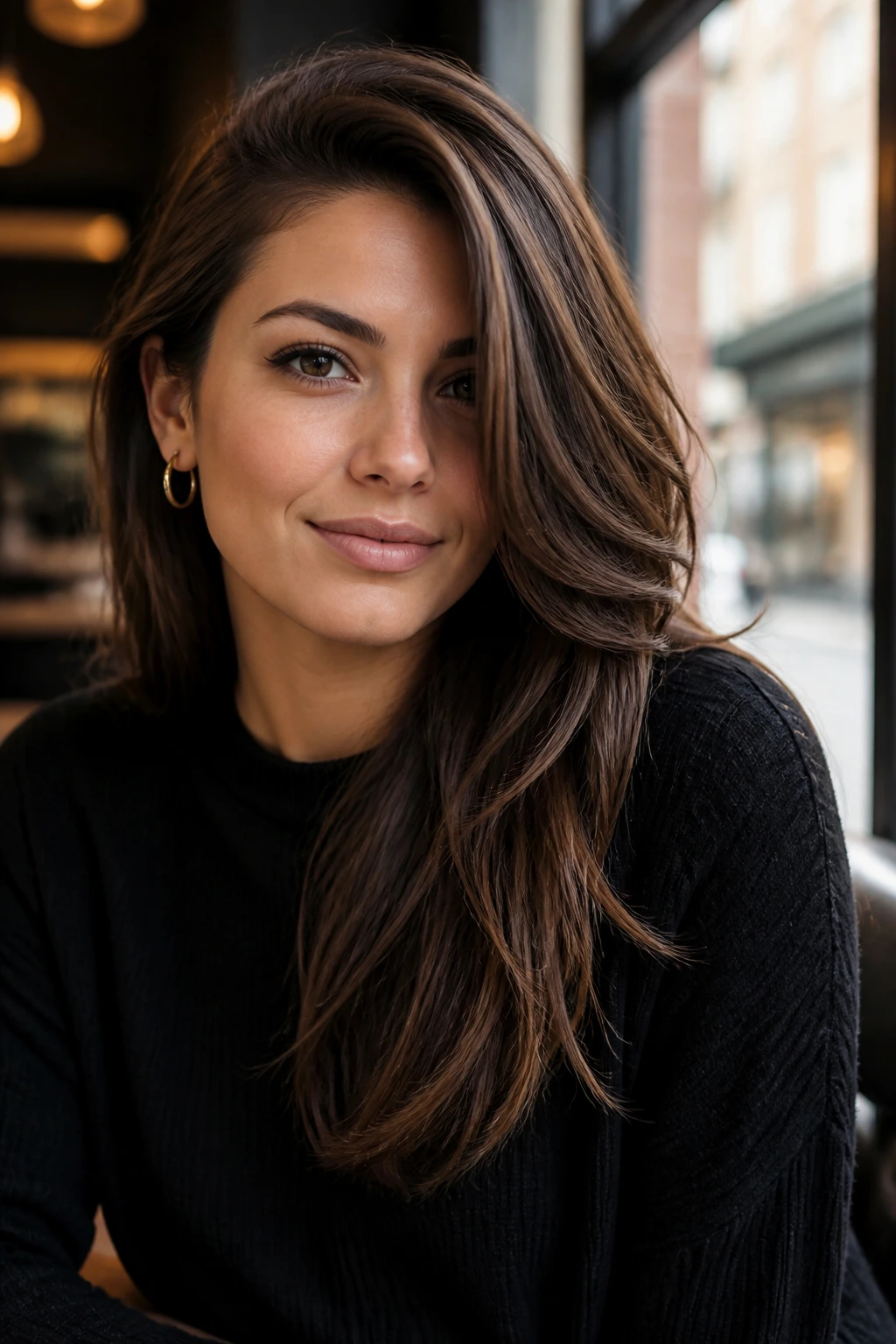 Close-up portrait of a real woman with a deep side part and layered lengths.
