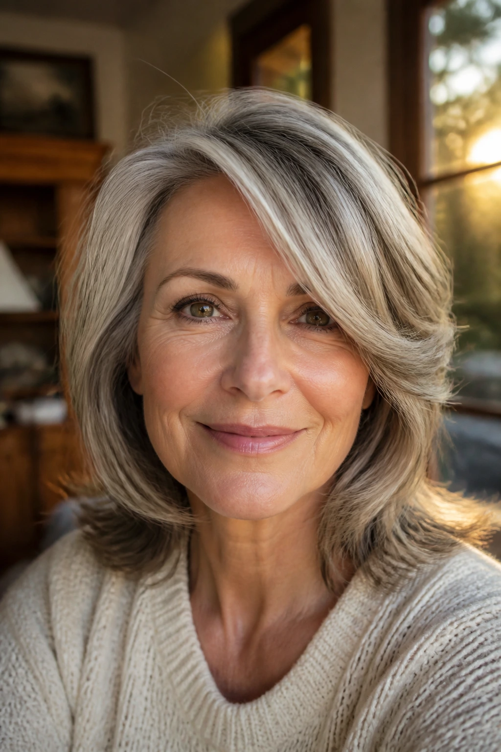 Close-up of a real woman with a deep side-parted layered hairstyle, by window light.
